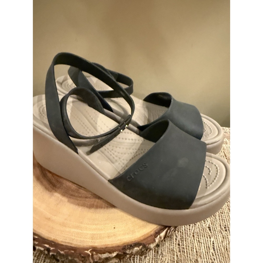 Lite Ride By CROCS Womens BROOKLYN ANKLE STRAP WEDGE 8W Black Tan - Picture 6 of 13